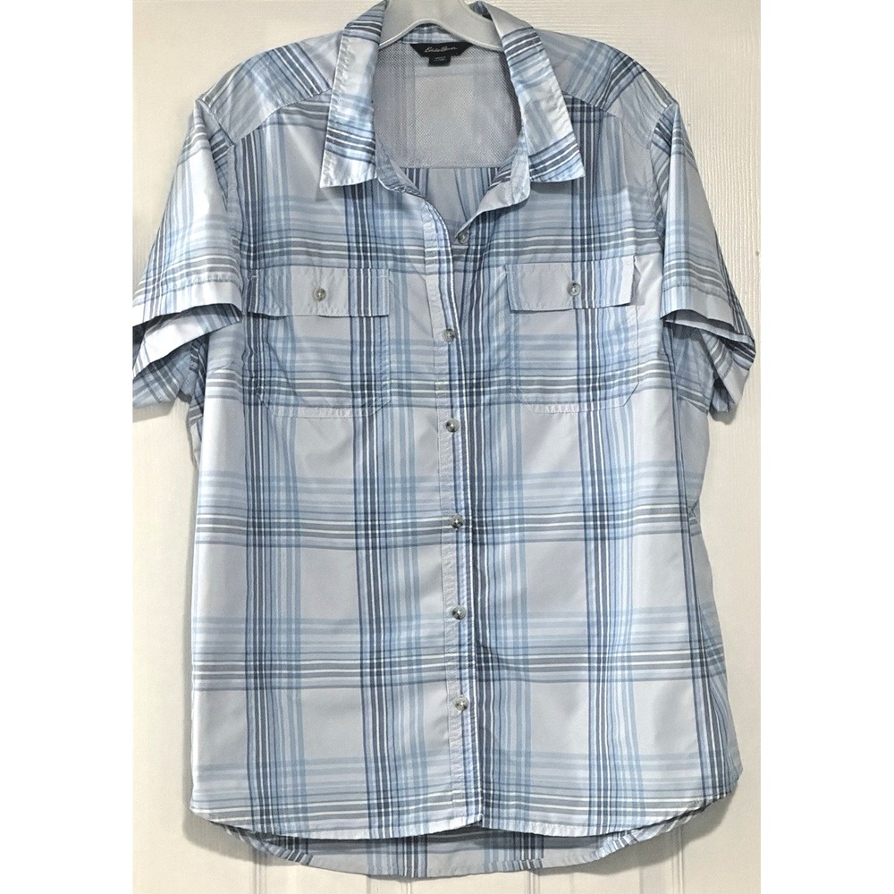 Eddie Bauer Women's Lightweight Blouse Top (XXL) Casual Blue Strip Plaid Blouse
